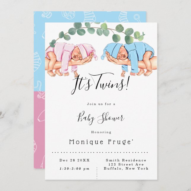 Spädbarn Boy Mamma's Arm Det är Twillingar Baby Sh Inbjudningar (Fram/baksida)
