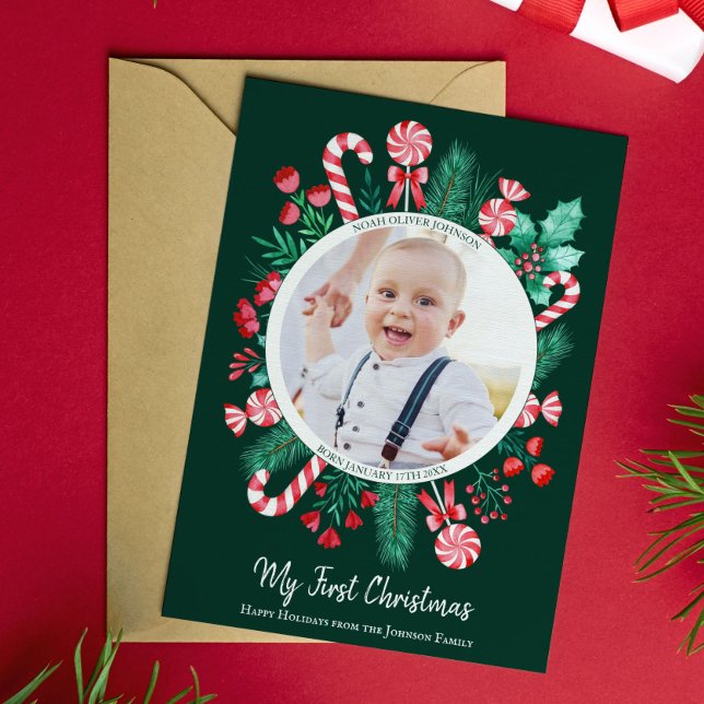 Spädbarn Första julen Keepsak Watercolor (First Christmas Baby Keepsake Christmas Holiday Card)