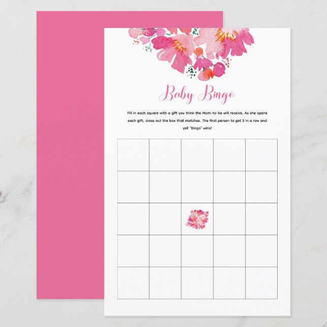 Spädbarn i blom Baby Shower Bingo-spel (Fram/baksida)