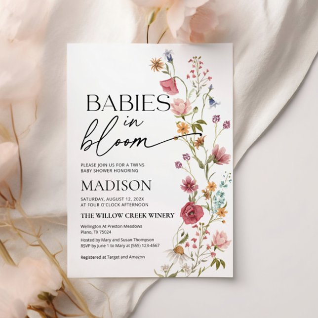 Spädbarn i Bloom | Inbjudan till twillingar för ba (babies in bloom invitation with colorful flowers and wildflowers)