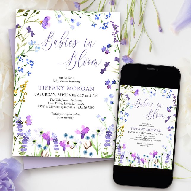 Spädbarn i Bloom Lila Wildblomma Twin Baby Shower Inbjudningar (Babies in Bloom Twins Baby Shower Invitation from my Purple Wildflower Collection.)