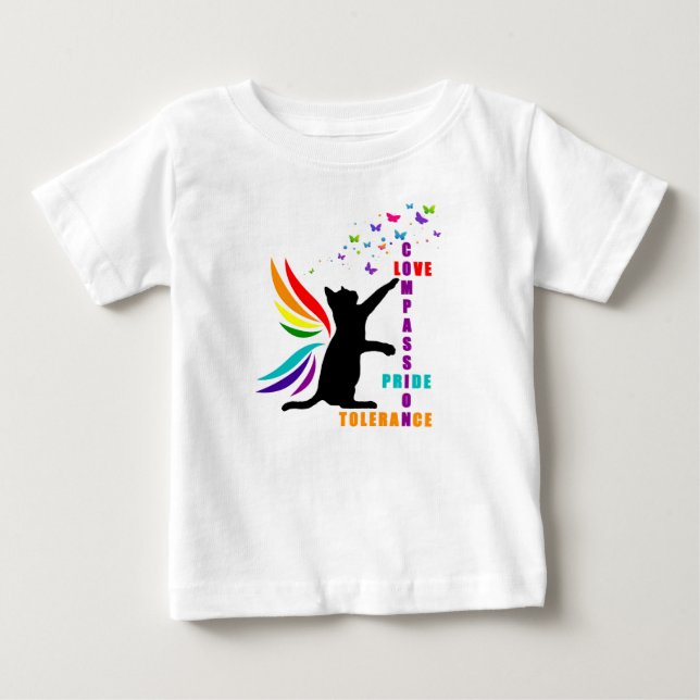 Spädbarn - regnbåge - Pride - katt och fjärilshalt T Shirt (Framsida)