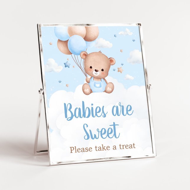Spädbarnen Blue Nalle Baby Shower är Sweet Sign Poster (Blue Boy Teddy Bear Clouds Balloon Baby Shower Sign)