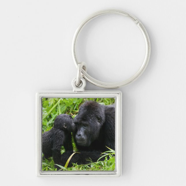 Spädbarnsberg Gorilla Kisses Silverback Gorilla Fyrkantig Silverfärgad Nyckelring (Framsidan)