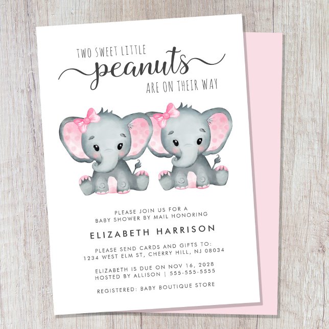 Spädbarnshuggare för cute Elephant Twin Girls by M Inbjudningar (Cute girl twins baby shower by mail invitation)
