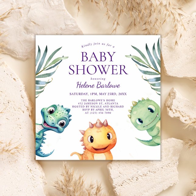 Spädbarnshuggare för cute-spelare inbjudningar (Cute Playful Dinosaur Baby Shower Invitation)