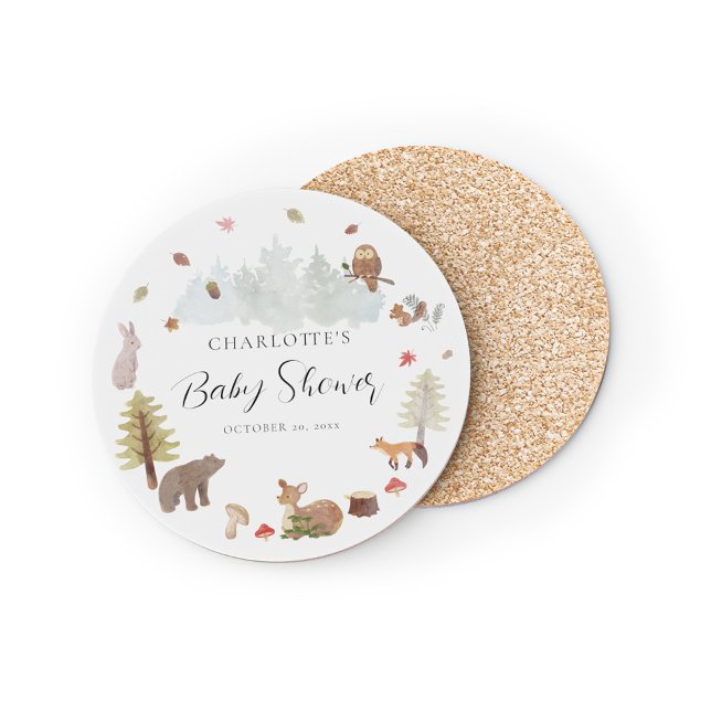 Spädbarnshuggare för kute- och trädsdjur underlägg (Rustic Woodland Animals Script Baby Shower Coaster)