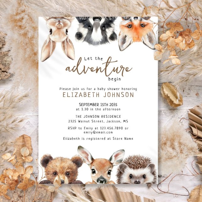 Spädbarnshusare för cute Äventyr Forest Woodland A Inbjudningar (Cute Adventure Forest Woodland Animals Baby Shower Invitation)