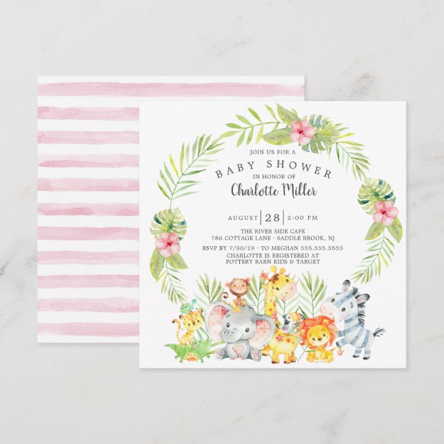 Spädbarnshusare för Cute Girls Jungle Animals Inbjudningar (Fram/baksida)