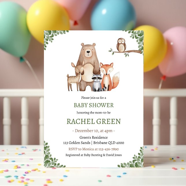 Spädbarnshusare för matlagningsdjur för matlagning inbjudningar (Cute Forest Animals Woodland Baby Shower Invitation)