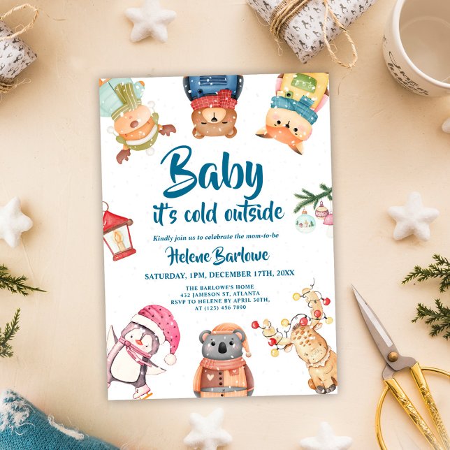 Spädbarnshusare för Snyggt av vinterträ Inbjudningar (Cute Stylish Winter Woodland Animals Baby Shower Invitation)