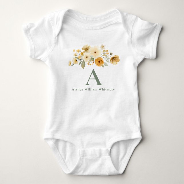 Spädbarnskläder med blommönstrad initial | Sälggrö T Shirt (Framsida)