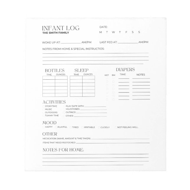 Spädbarnslogg, Spårare för spädbarn, Spädbarnslogg Anteckningsblock (Framsida)