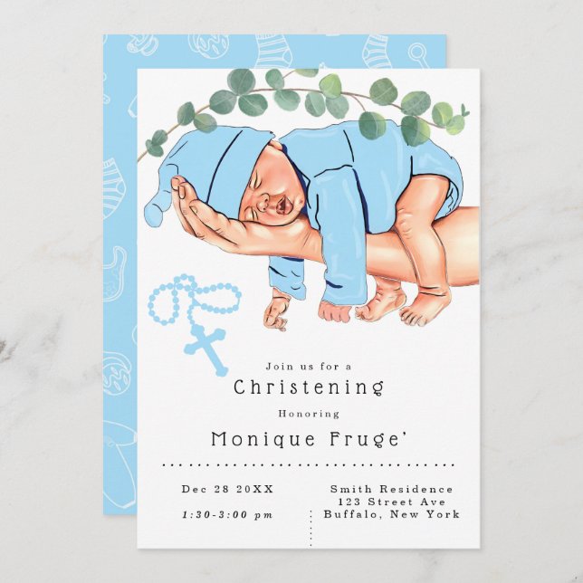Spädbarnspojke på Mamma Rosary Blue Christening Inbjudningar (Fram/baksida)