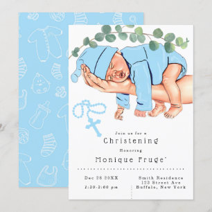 Spädbarnspojke på Mamma Rosary Blue Christening Inbjudningar