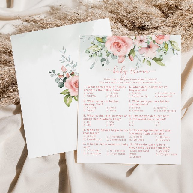 Spädbarnstrivia baby shower-spel i blomrosafärger (Skapare uppladdad)