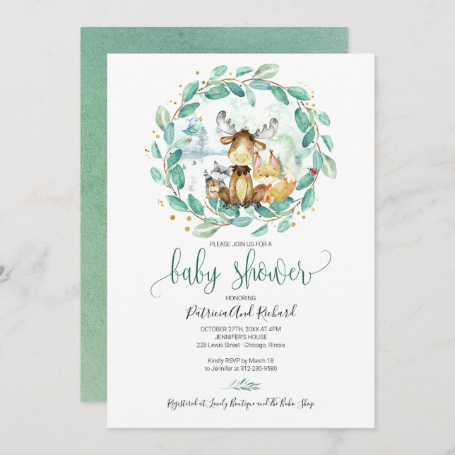 Spädningsdjur - Greenery Baby Shower Inbjudningar (Fram/baksida)