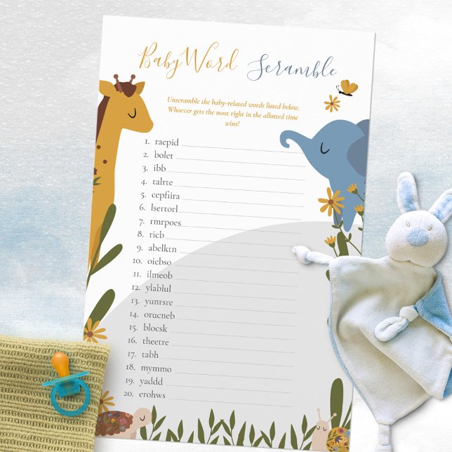 Spädningsspel för Ord-scramble-spel på Blommigten  (Wild Animals Floral Baby Shower Word Scramble Game ©Susanne Sachers - Sunny Mind Design 🌞)