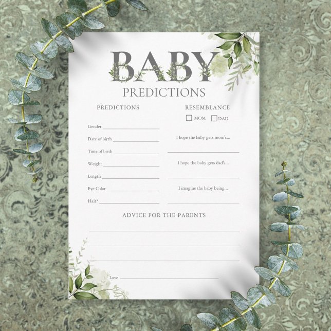 Spådomar för bebisar Grönska Baby Shower Spelkort Inbjudningar (Baby Predictions Greenery Baby Shower Game Card)