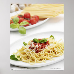 Spagetti med tomatsås och basilika poster
