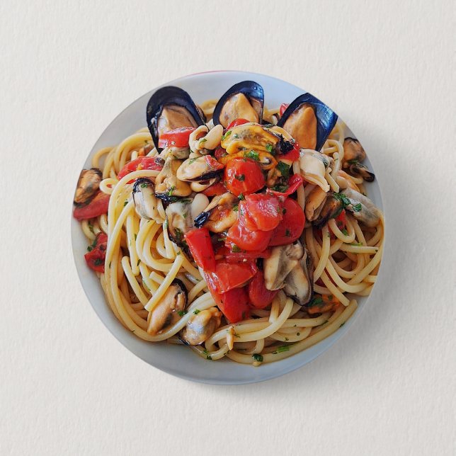 Spaghetti med musslor och körsbär, tomater, livsme knapp (Framsida)