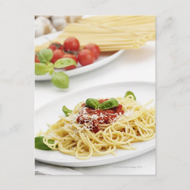 Spaghetti med tomatsås och basilika vykort (Framsida)