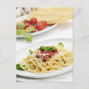Spaghetti med tomatsås och basilika vykort