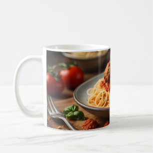 Spaghetti och köttbollar på platta kaffemugg
