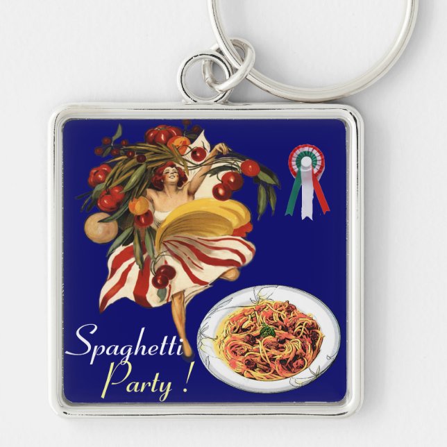 SPAGHETTI PARTY DANCE, ITALIENSKA KITCHEN OCH TOMA FYRKANTIG SILVERFÄRGAD NYCKELRING (Framsidan)