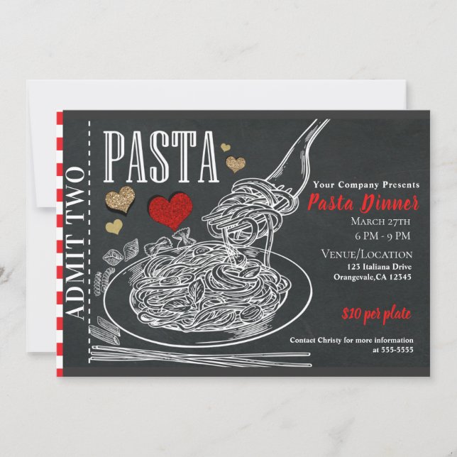 Spaghetti Pasta Krita Rustik Valentine Middag Inbjudningar (Framsida)