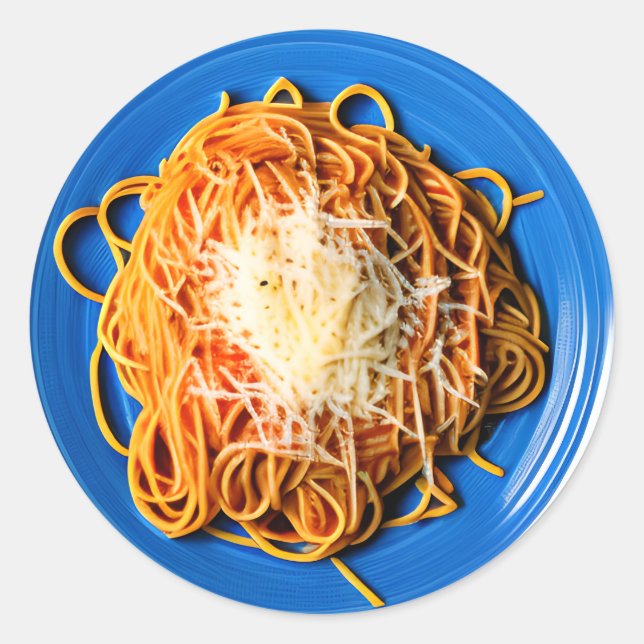 Spaghetti-plåt med parmesanost runt klistermärke (Framsida)