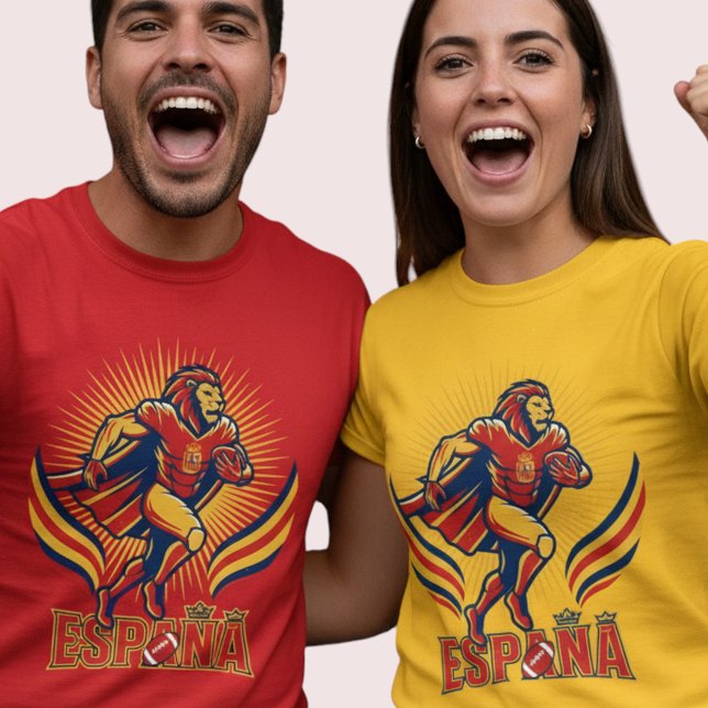 Spain Football Lion Hero National Pride Action Art T Shirt (Use Personalized to change color/font.
Choose a color that matches the background color of shirt)