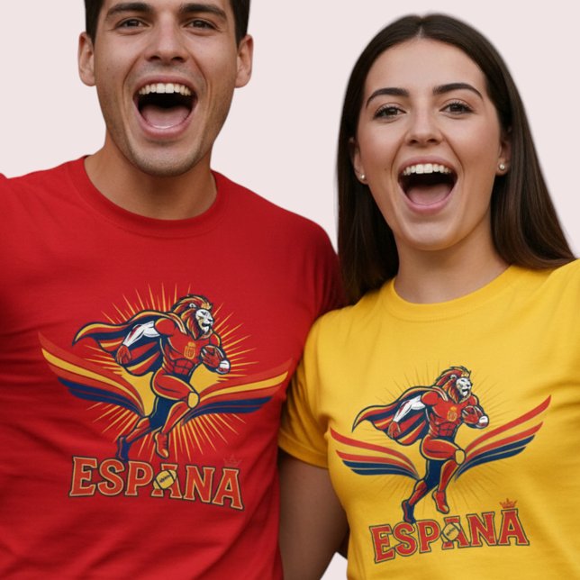 Spain Football Lion Hero National Pride Action Art T Shirt (Use Personalized to change color/font.
Choose a color that matches the background color of shirt)