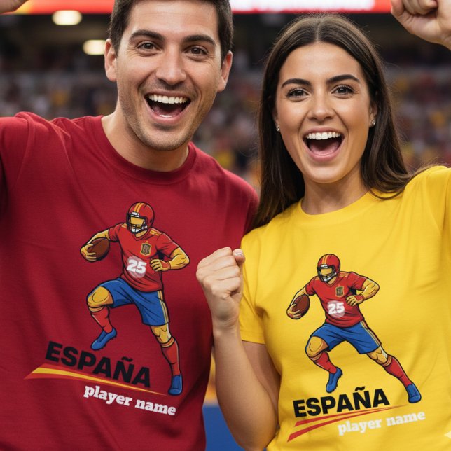 Spain National Gridiron Football Dynamic Action  T Shirt (Use Personalized to change color/font.
Choose a color that matches the background color of shirt)