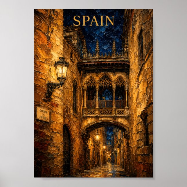 Spain: Romantic Gothic Quarter Art Souvenir Poster (Framsidan)