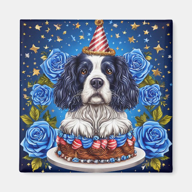 Spaniel Hund Firar Födelsedag Med Festlig Hatt Magnet (Framsidan)