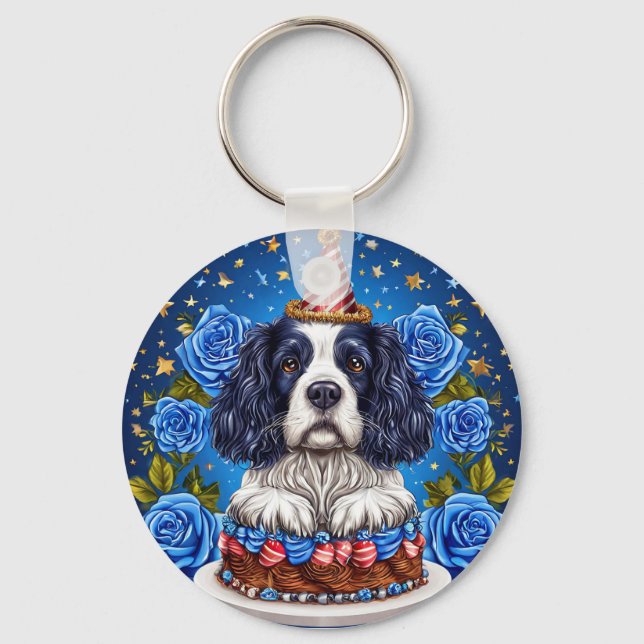 Spaniel Hund Firar Födelsedag Med Festlig Hatt Nyckelring (Framsida)