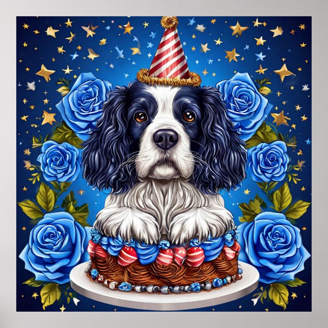 Spaniel Hund Firar Födelsedag Med Festlig Hatt Poster (Framsidan)