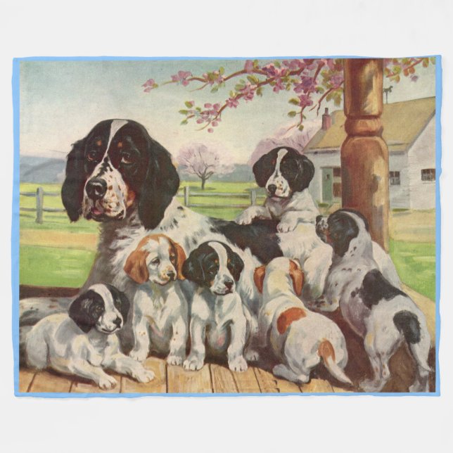 Spaniel mamma och valpar fleecefilt (Framsidan (Horisontell))