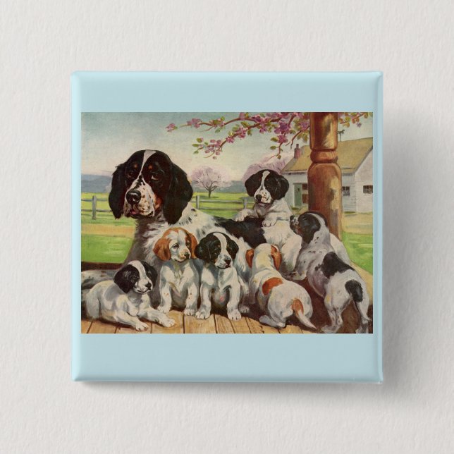 Spaniel mamma och valpar knapp (Framsida)
