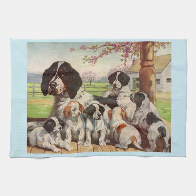 Spaniel mamma och valpar kökshandduk (Horisontell)