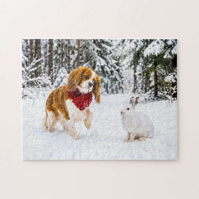 Spaniel möter snöhare i vinter skog pussel (Horisontell)