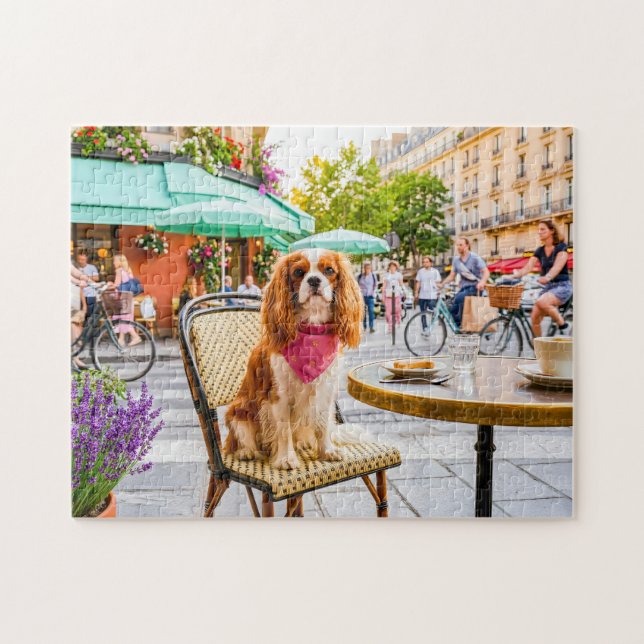 Spaniel stadsutflykt på utomhuscafé pussel (Horisontell)