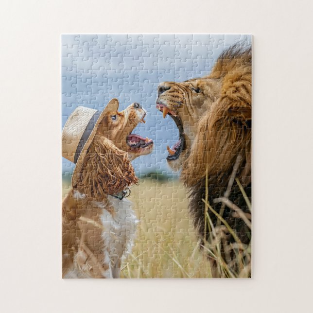 Spaniel vs Lion In Savanna Pussel (Vertikal)
