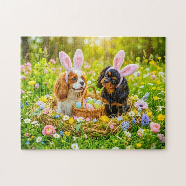 Spanielduo i påsknäste på ängen pussel (Horisontell)