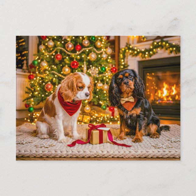 Spanielduo vid mysig julgran vykort (Framsida)