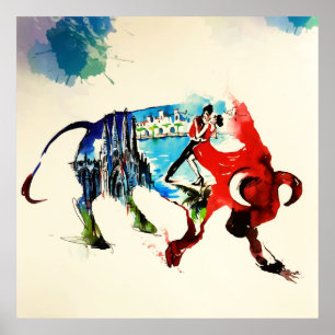 Spanien Bull Vintage resor Kärlek Watercolor Poster