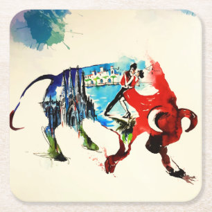 Spanien Bull Vintage resor Kärlek Watercolor Underlägg Papper Kvadrat