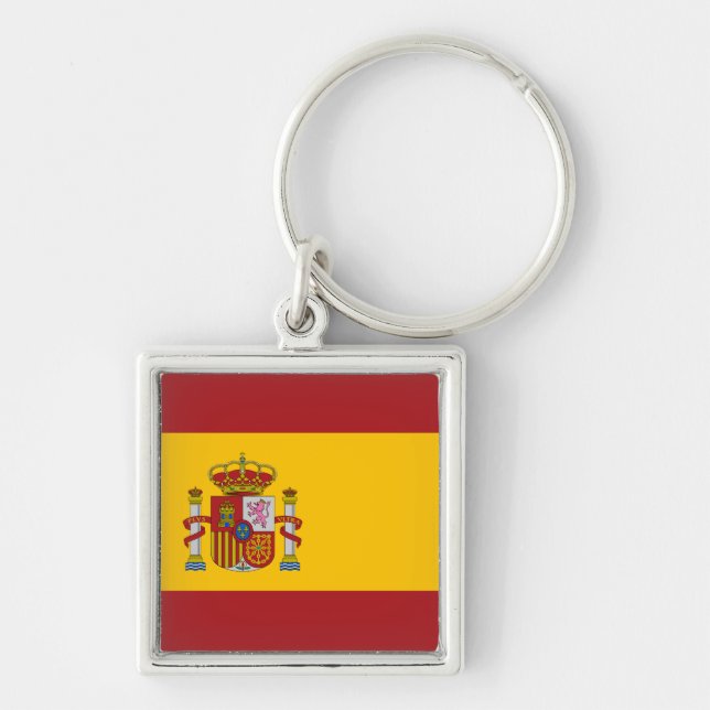 Spanien Flagga Keychain Fyrkantig Silverfärgad Nyckelring (Framsidan)