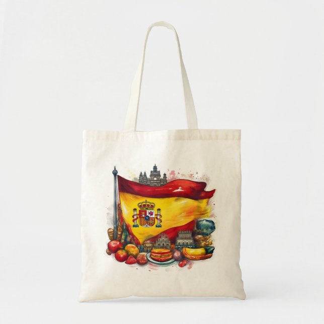 Spanien Flagga med Berömd Landmarks Tote Bag Tygkasse (Framsidan)